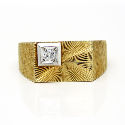 Stylish Retro 14k Yellow Gold Diamond Rectangular Mens Bright Cut Ring