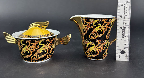 Stunning Versace Rutherford Barocco Italy Gold Covered Sugar Bowl Creamer Set