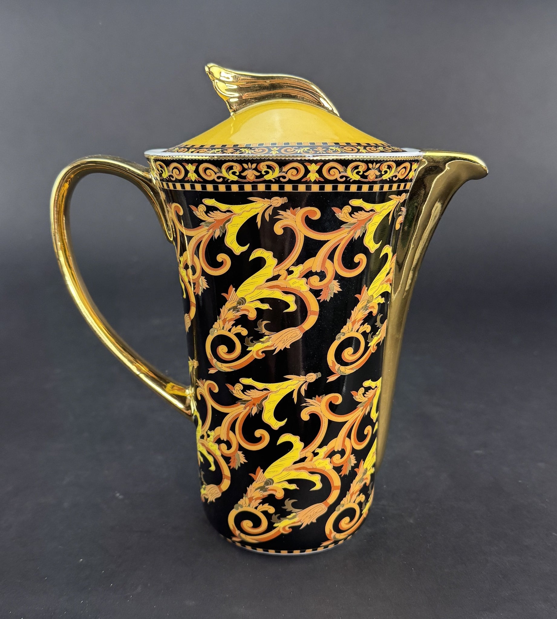 Rare Versace Rutherford Barocco Italy Gold Black 8.25" Tall Coffee Pot Teapot