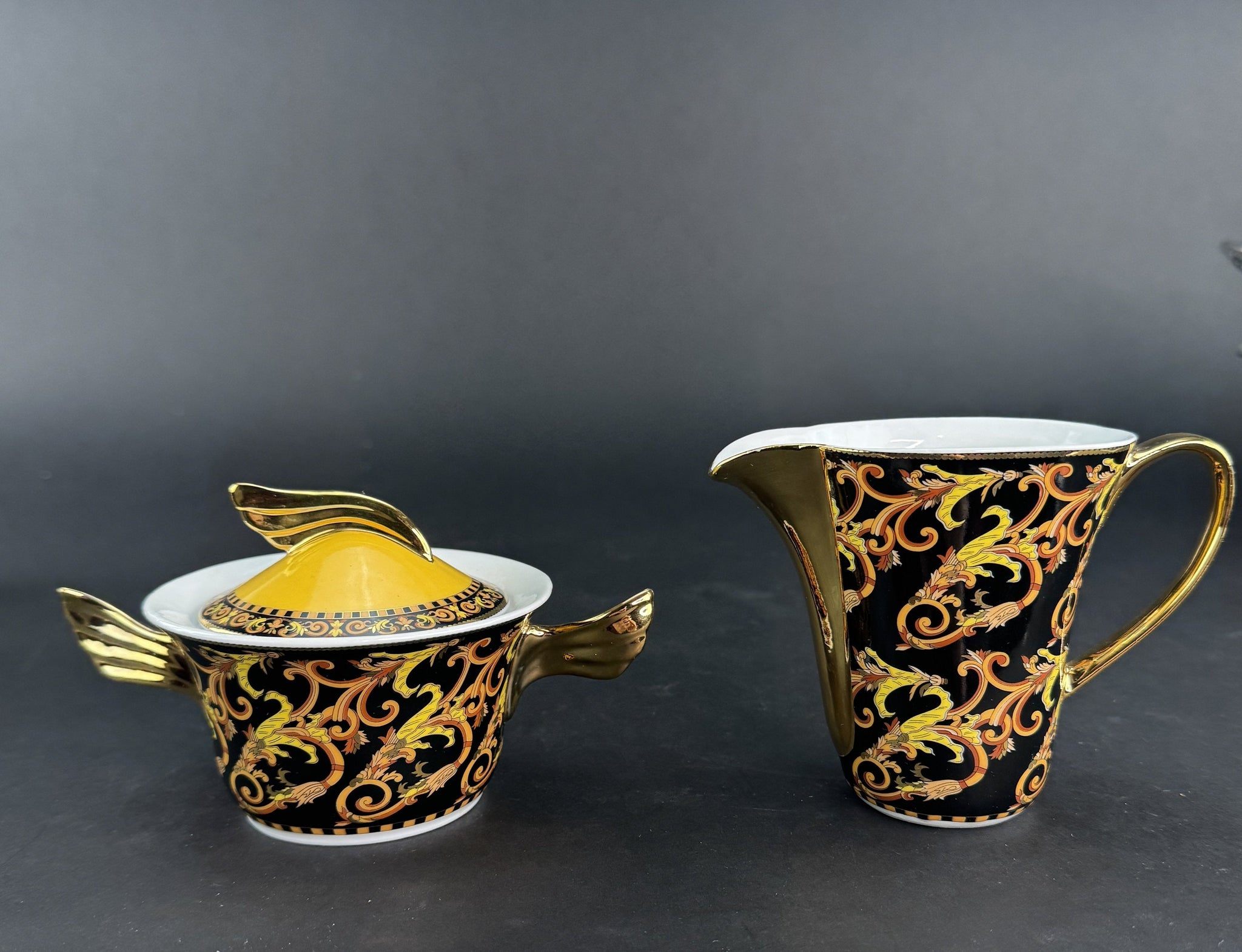 Stunning Versace Rutherford Barocco Italy Gold Covered Sugar Bowl Creamer Set