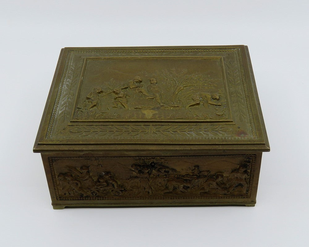 Ornate Brass Bronze Humidor Box Wooden Interior Agricultural Scenes Late 1800s