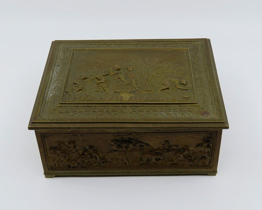 Ornate Brass Bronze Humidor Box Wooden Interior Agricultural Scenes Late 1800s