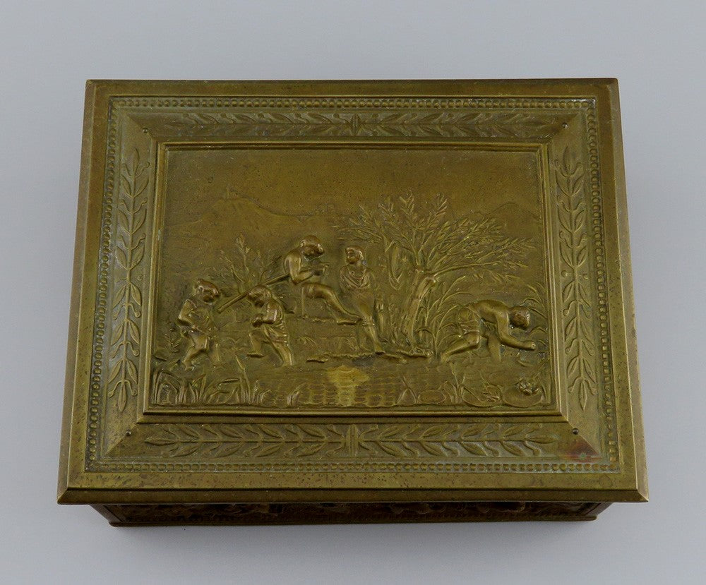 Ornate Brass Bronze Humidor Box Wooden Interior Agricultural Scenes Late 1800s