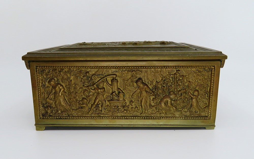 Ornate Brass Bronze Humidor Box Wooden Interior Agricultural Scenes Late 1800s
