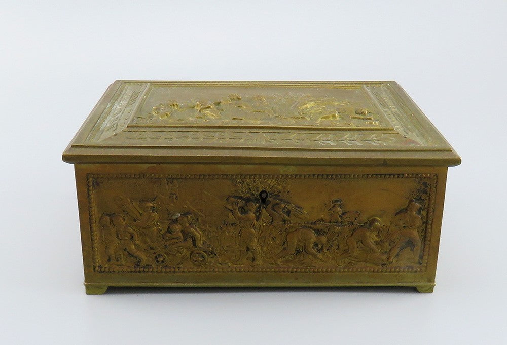 Ornate Brass Bronze Humidor Box Wooden Interior Agricultural Scenes Late 1800s
