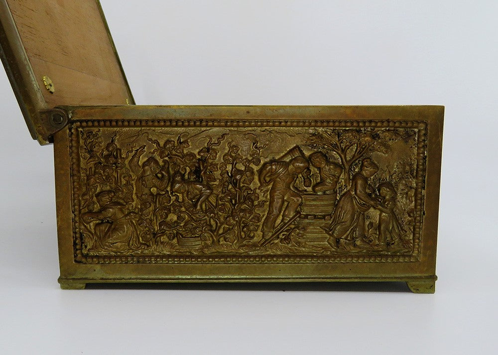 Ornate Brass Bronze Humidor Box Wooden Interior Agricultural Scenes Late 1800s