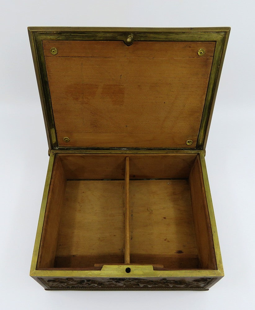 Ornate Brass Bronze Humidor Box Wooden Interior Agricultural Scenes Late 1800s