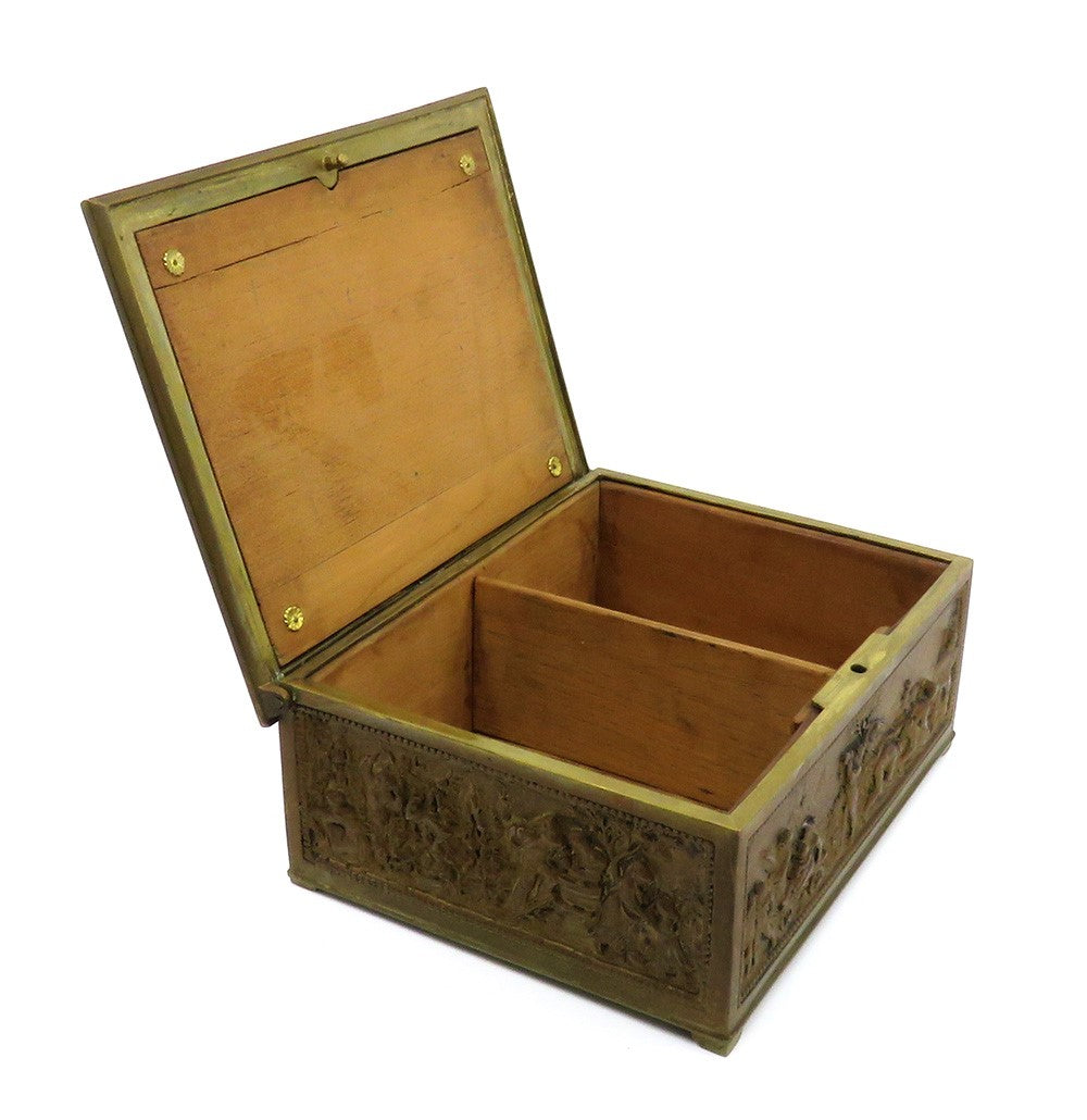 Ornate Brass Bronze Humidor Box Wooden Interior Agricultural Scenes Late 1800s