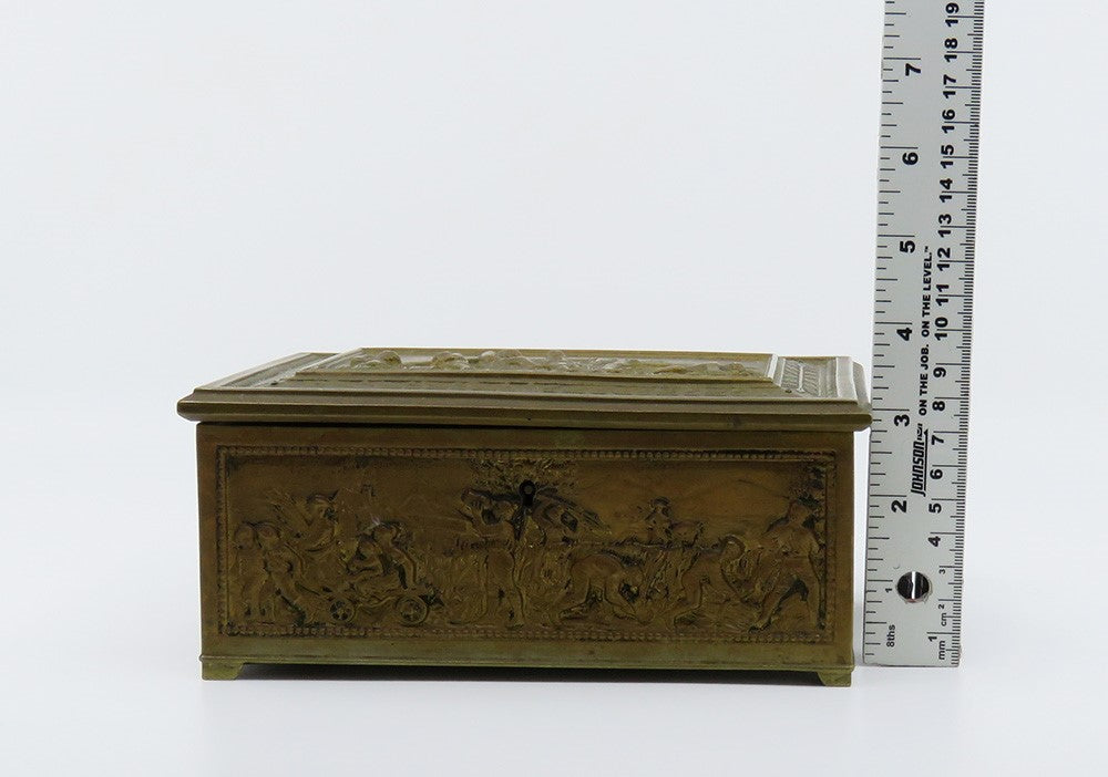 Ornate Brass Bronze Humidor Box Wooden Interior Agricultural Scenes Late 1800s