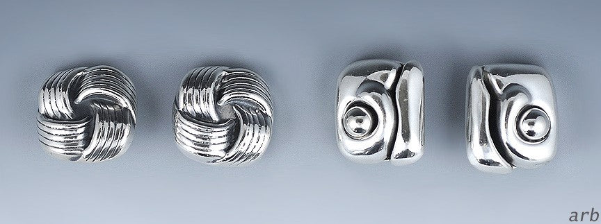 2 Elegant Pairs Mexican Sterling Silver Earrings, Clip-On, Sculptural Designs