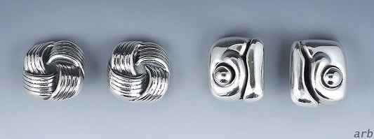 2 Elegant Pairs Mexican Sterling Silver Earrings, Clip-On, Sculptural Designs