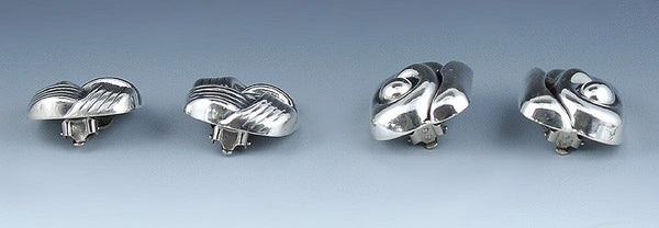 2 Elegant Pairs Mexican Sterling Silver Earrings, Clip-On, Sculptural Designs