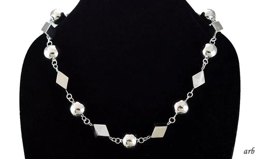 Impressive Vintage Sterling Silver Necklace Mexico Diamond Shape, Round Beads