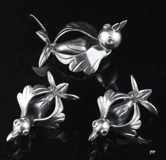 Francisco Rivera Mexican Sterling Silver Bird Brooch Pin and Earrings