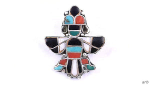 1930s-70s Sterling Silver Coral/Turquoise/Abalone/Resin U.S Southwest Pin