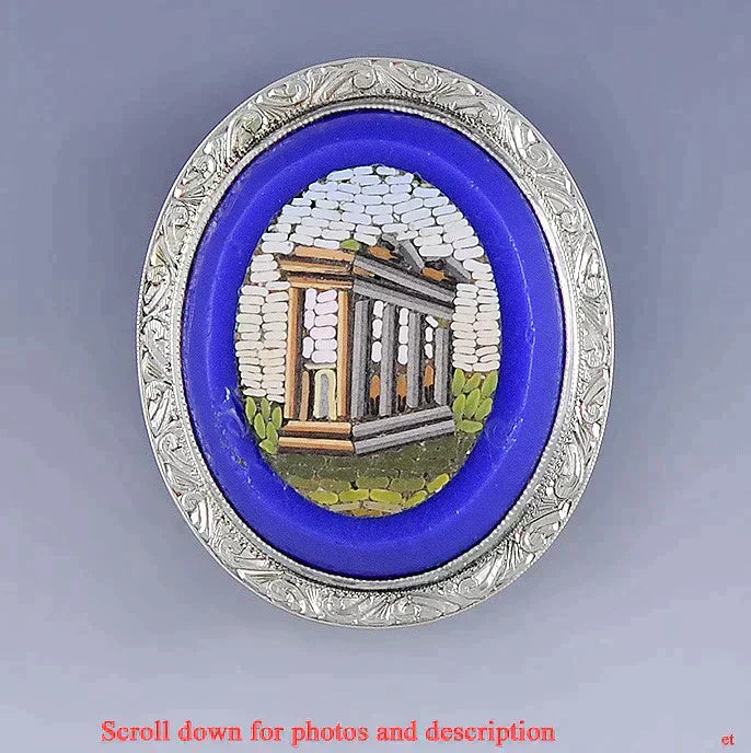 Antique 18k White Gold Italian Micromosaic Tesserae Columns Ruins Pin Brooch