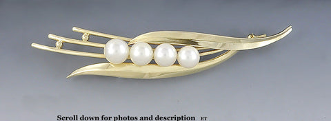 Stylish VTG Signed Mikimoto 14k Yellow Gold & Pearl Pin Brooch