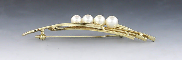 Stylish VTG Signed Mikimoto 14k Yellow Gold & Pearl Pin Brooch