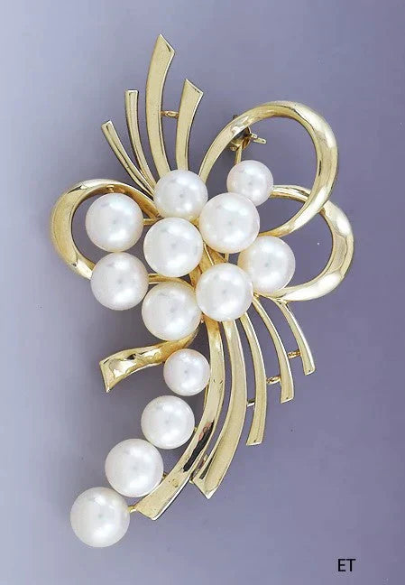 Lovely Signed Mikimoto 14k Yellow Gold Pearl Pin / Brooch