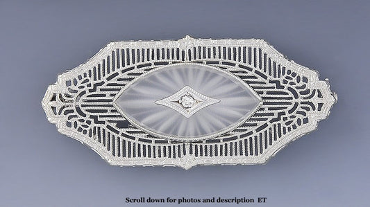 Elegant Antique c1915 14k White Gold Crystal & Diamond Brooch/Pin