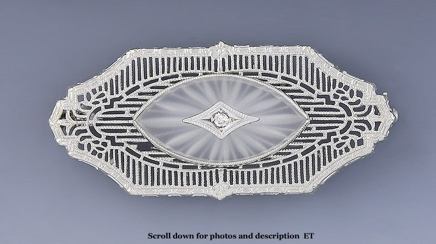 Elegant Antique c1915 14k White Gold Crystal & Diamond Brooch/Pin
