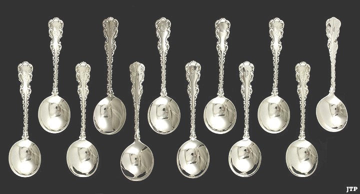 12 Fine Sterling Whiting Louis XV 1891 Gumbo Spoons