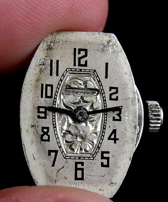 Vintage Belais 18K White Gold Bright Cut Floral Wristwatch