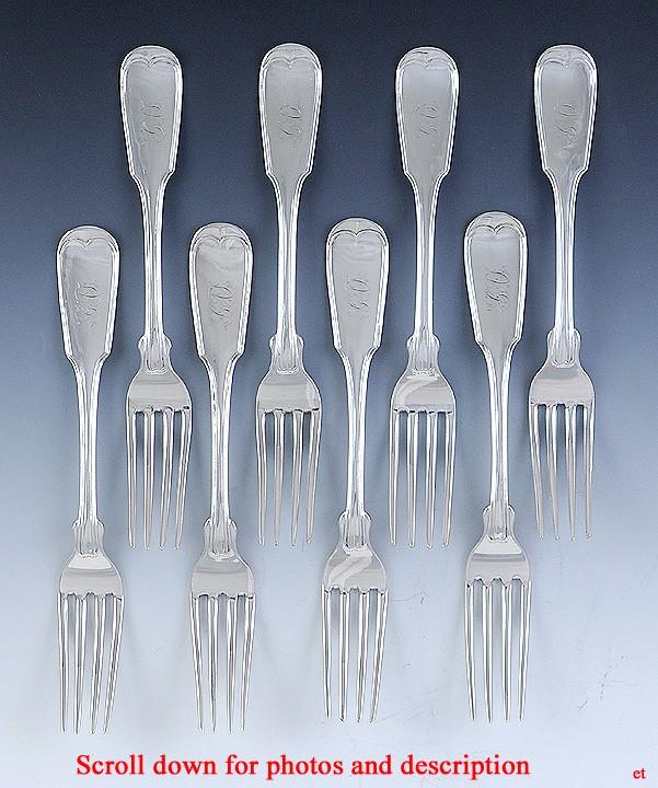 Rare Set 8 Old 1840s NYC Coin Silver Fiddle Thread Pattern 7.5" Dinner Forks