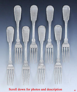Rare Set 8 Old 1840s NYC Coin Silver Fiddle Thread Pattern 7.5" Dinner Forks