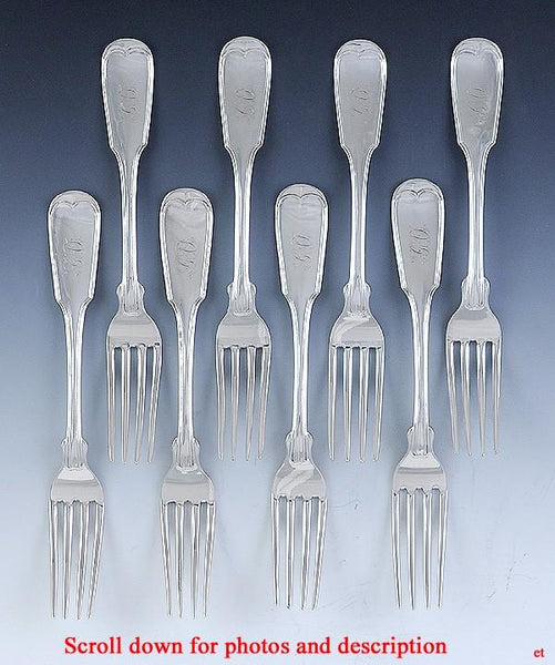 Rare Set 8 Old 1840s NYC Coin Silver Fiddle Thread Pattern 7.5" Dinner Forks
