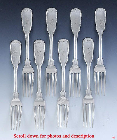 Rare Set 8 Old 1840s NYC Coin Silver Fiddle Thread Pattern 7.5" Dinner Forks
