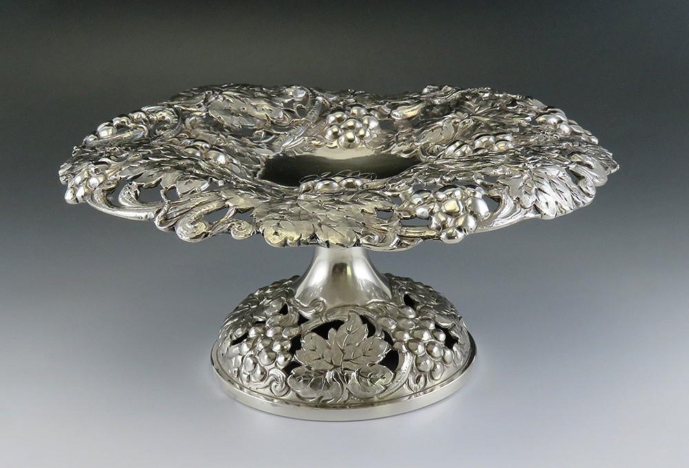 1800's Art Nouveau High Relief Hand Chased Pierced Sterling Silver Pedestal Bowl