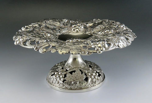 1800's Art Nouveau High Relief Hand Chased Pierced Sterling Silver Pedestal Bowl