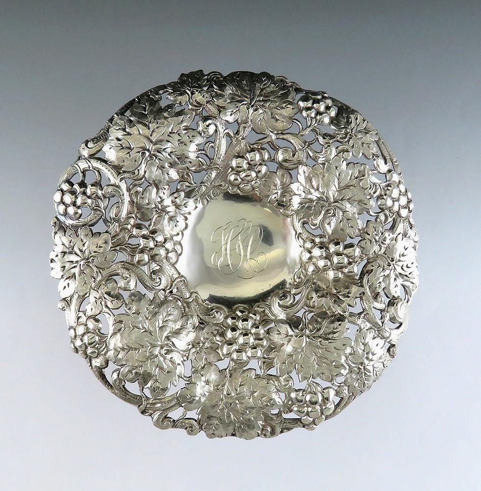 1800's Art Nouveau High Relief Hand Chased Pierced Sterling Silver Pedestal Bowl