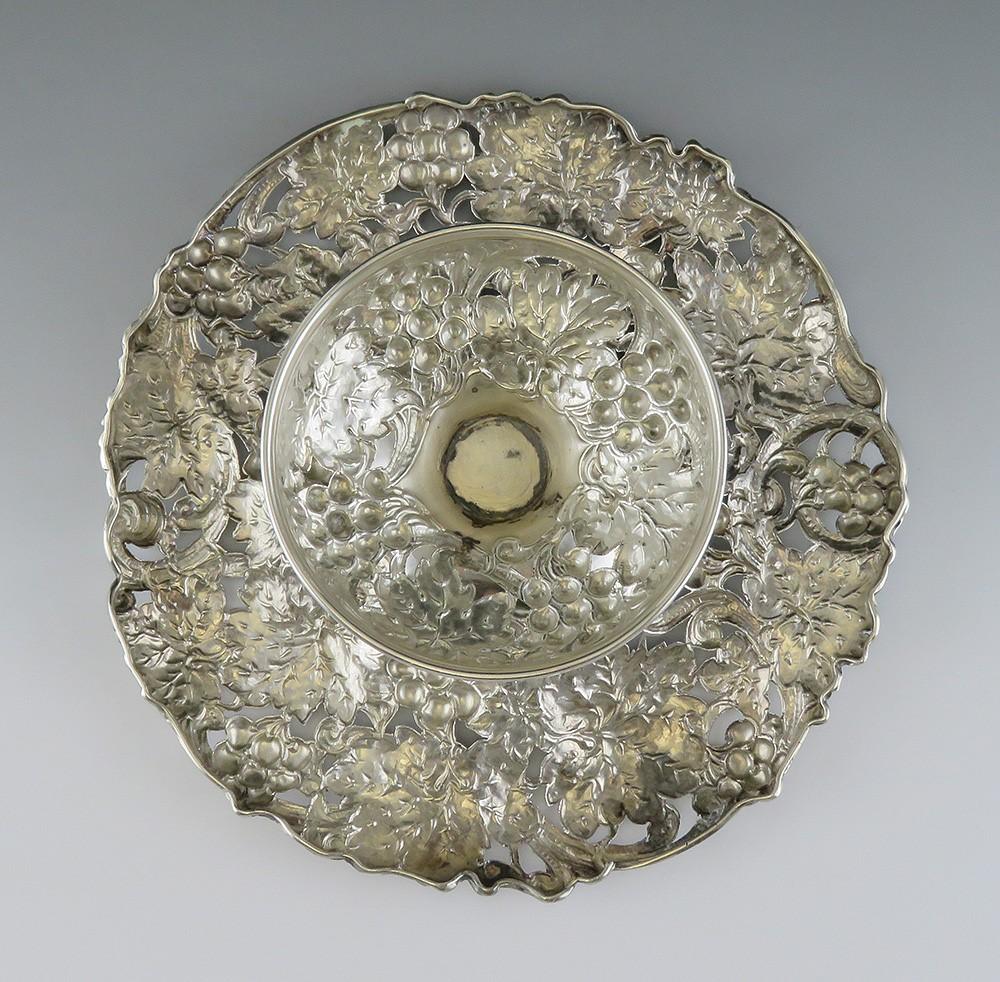 1800's Art Nouveau High Relief Hand Chased Pierced Sterling Silver Pedestal Bowl