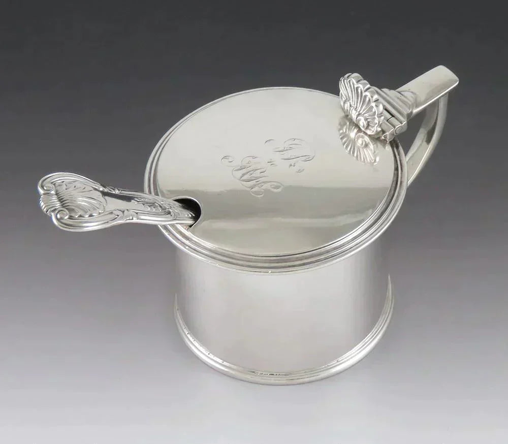 Antique 1836 English Georgian Sterling Silver Cobalt Glass Mustard Pot w/ Spoon