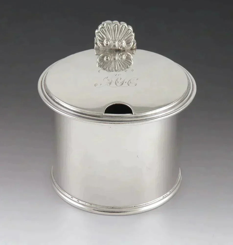Antique 1836 English Georgian Sterling Silver Cobalt Glass Mustard Pot w/ Spoon