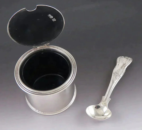 Antique 1836 English Georgian Sterling Silver Cobalt Glass Mustard Pot w/ Spoon