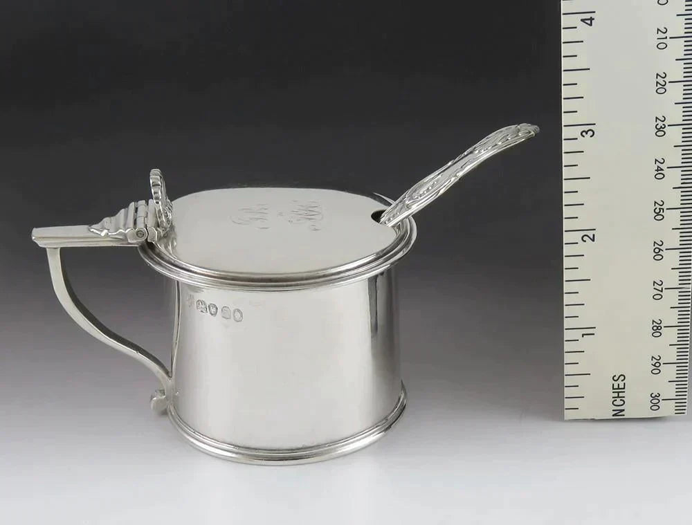 Antique 1836 English Georgian Sterling Silver Cobalt Glass Mustard Pot w/ Spoon