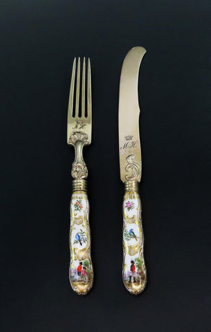 Antique German Silver Fork and Knife w/ Hand-Painted Porcelain Handles