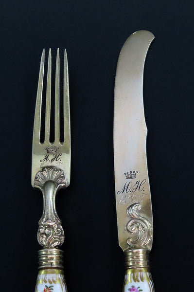 Antique German Silver Fork and Knife w/ Hand-Painted Porcelain Handles