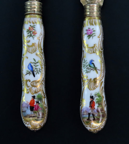 Antique German Silver Fork and Knife w/ Hand-Painted Porcelain Handles