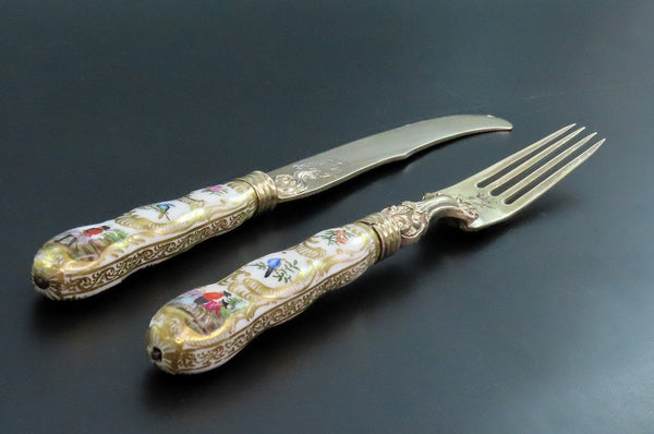 Antique German Silver Fork and Knife w/ Hand-Painted Porcelain Handles