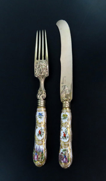 Antique German Silver Fork and Knife w/ Hand-Painted Porcelain Handles