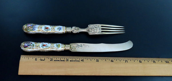 Antique German Silver Fork and Knife w/ Hand-Painted Porcelain Handles