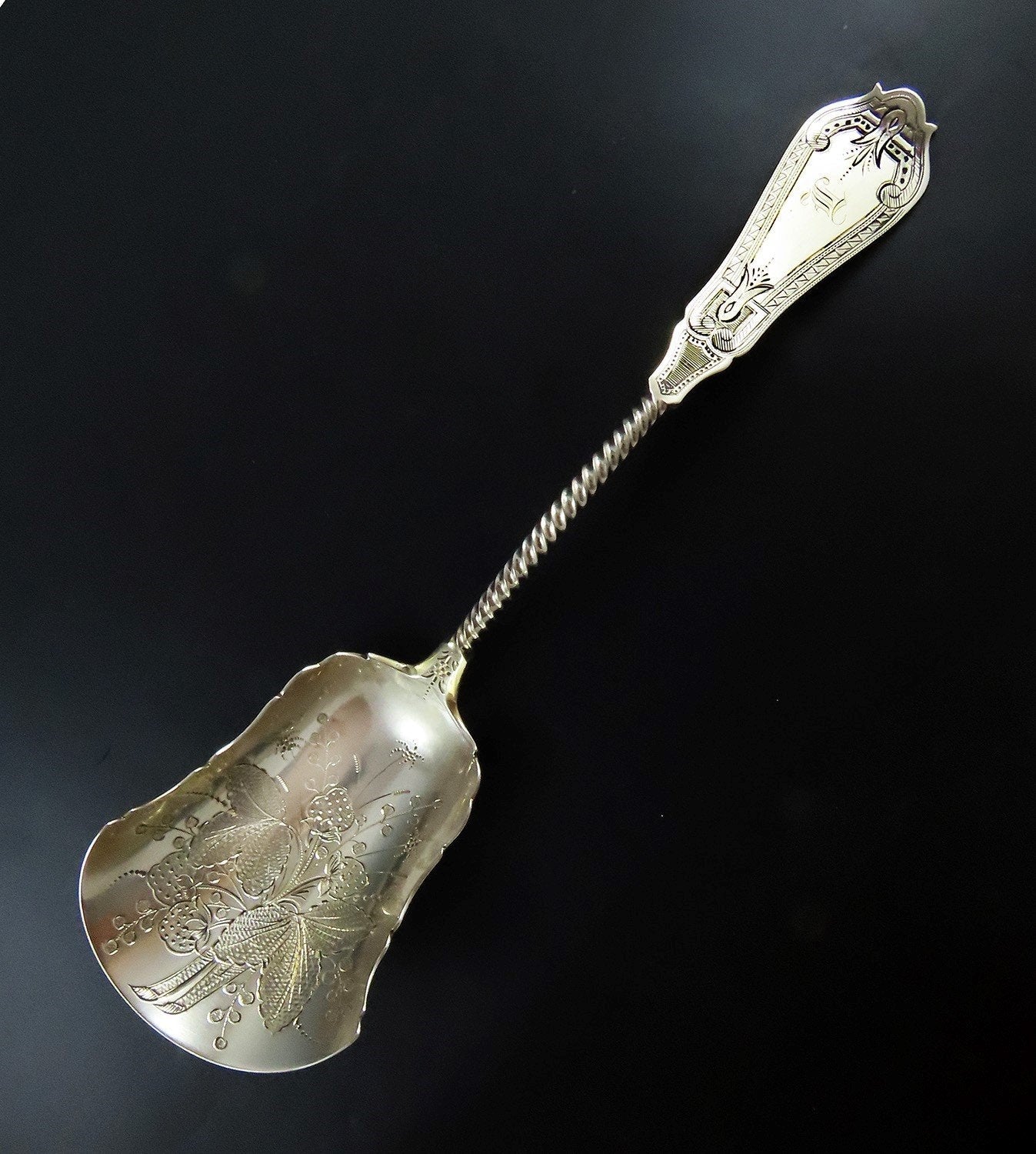 Wonderful Late 1800s Coin Silver Cracker Scoop Strawberry Engravings 9 1/2"