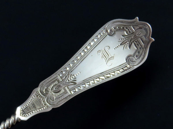 Wonderful Late 1800s Coin Silver Cracker Scoop Strawberry Engravings 9 1/2"