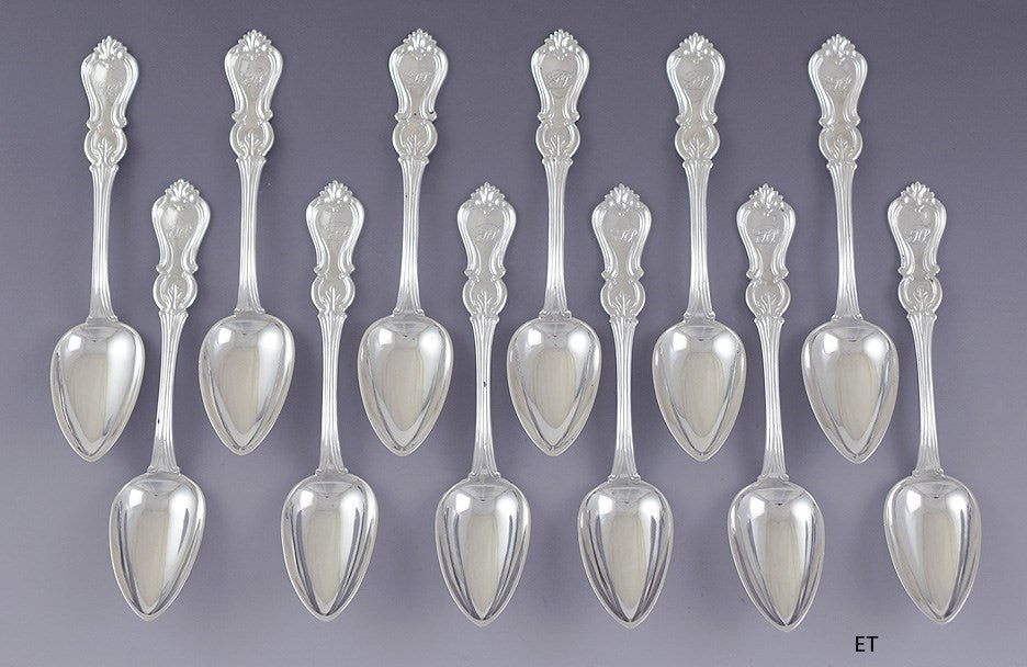 c1825-1855 12 American Coin Silver Prince Albert Teaspoons by Conrad Bard