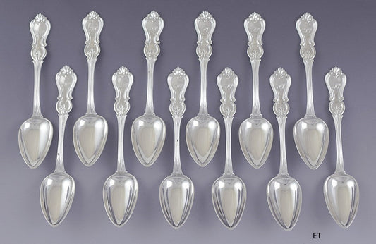 c1825-1855 12 American Coin Silver Prince Albert Teaspoons by Conrad Bard