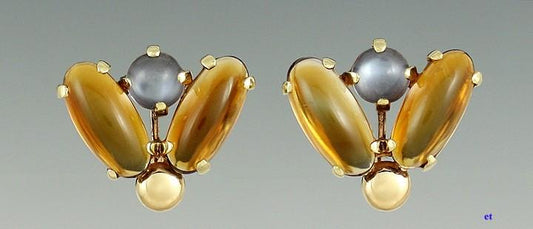 Stunning Retro Moonstone and Citrine 14K Gold Screwback Earrings